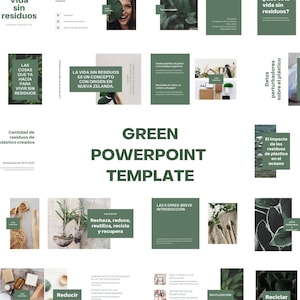 Puede incluir: Plantilla de PowerPoint verde con imágenes de plantas y texto sobre cómo vivir un estilo de vida sin residuos. El texto incluye frases como "Vida sin residuos", "Las 5 R", "Rechazar, reducir, reutilizar, reciclar y recuperar", y "Nuestra charta de hoy".