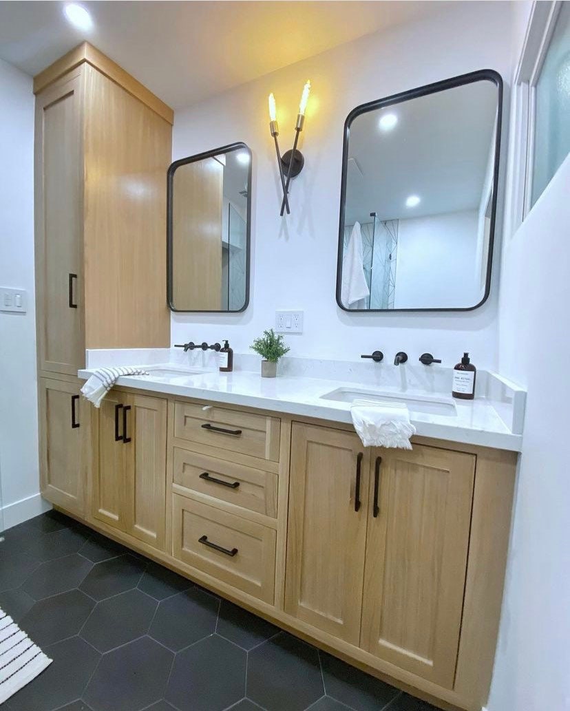 Double sink vanity sale with side towers