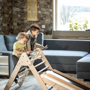 May include: A wooden climbing frame with a slide, suitable for children. The natural wood-toned structure includes a ladder and a slide. Two young children are shown playing with the toy indoors.