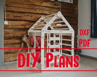 DIY Plans for Kids Playhouse with Slide, Woodworking Plans, Toddler Climbing Jungle Gym Home, Indoor Playground, PDF, DXF, cnc