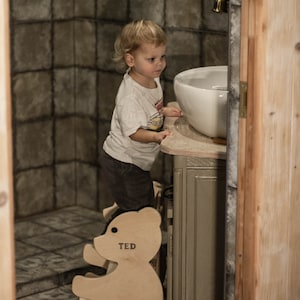 May include: A wooden step stool shaped like a bear with the name "TED" printed on it. The step stool is light brown and is in front of a bathroom vanity with a white sink. A young child is standing on the step stool.