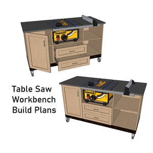 Könnte beinhalten: Ein Bauplan für einen Tischler-Werkbank mit einer gelben und schwarzen Tischkreissäge, zwei Schubladen, einer Schranktür und Regalen. Die Werkbank steht auf Rollen.