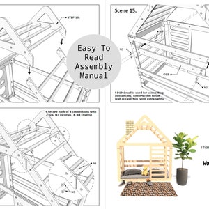 May include: A black and white line drawing assembly manual for a wooden playhouse. The manual shows step-by-step instructions for assembling the playhouse. The manual includes text that says "Easy To Read Assembly Manual".
