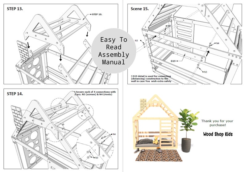 May include: A black and white line drawing assembly manual for a wooden playhouse. The manual shows step-by-step instructions for assembling the playhouse. The manual includes text that says "Easy To Read Assembly Manual".