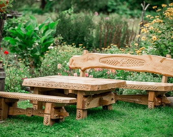 Hand Carved Live Edge Wooden Bench and Table Set, Patio Garden Furniture