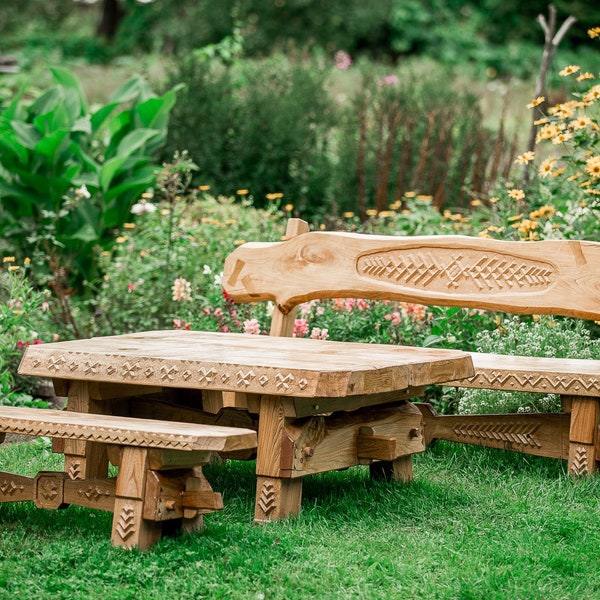 Mobilier d'extérieur - Banc et table en bois faits à la main pour terrasse ou jardin, Live Edge