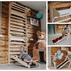 May include: A wooden climbing frame with a slide and a ladder. The frame is made of natural wood and has a rustic look. The slide is red and has a textured surface. The ladder has 12 rungs and is attached to the frame with metal brackets. The frame is in a room with a wooden floor and a wooden wall. There are balloons in the background.