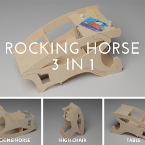 May include: A versatile wooden toy, labelled "ROCKING HORSE 3 IN 1". It can be configured as a rocking horse, high chair, or table. The table has a drawing, pencil, and eraser. The toy is made of light-coloured wood.