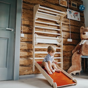 Wall Ladder, Climbing Triangle and Toddler Slide, Ready to ship, Montessori Toddler Gym.