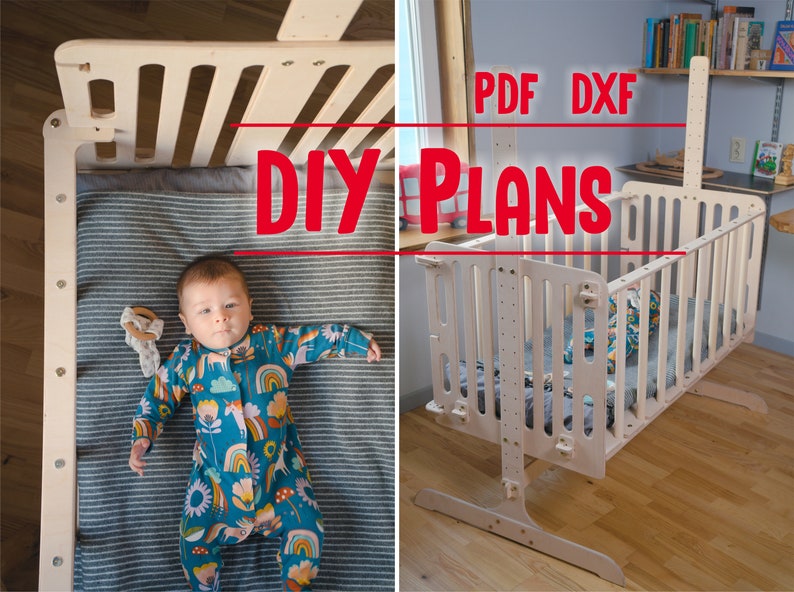 Puede incluir: Una cuna de beb&eacute; de madera clara, mostrada en dos vistas. La cuna tiene listones verticales y un colch&oacute;n. La imagen incluye el texto "DIY PLANS" y "PDF DXF". Un beb&eacute; con un mono colorido est&aacute; acostado sobre una manta a rayas.