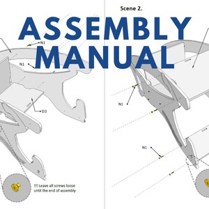 May include: Assembly manual with two diagrams showing the assembly steps of a wooden desk. The text "ASSEMBLY MANUAL" is in blue. Scene 1 shows the desk parts separated, and Scene 2 shows the assembled desk.