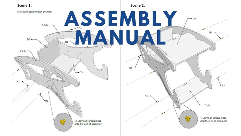 May include: Assembly manual with two diagrams showing the assembly steps of a wooden desk. The text "ASSEMBLY MANUAL" is in blue. Scene 1 shows the desk parts separated, and Scene 2 shows the assembled desk.