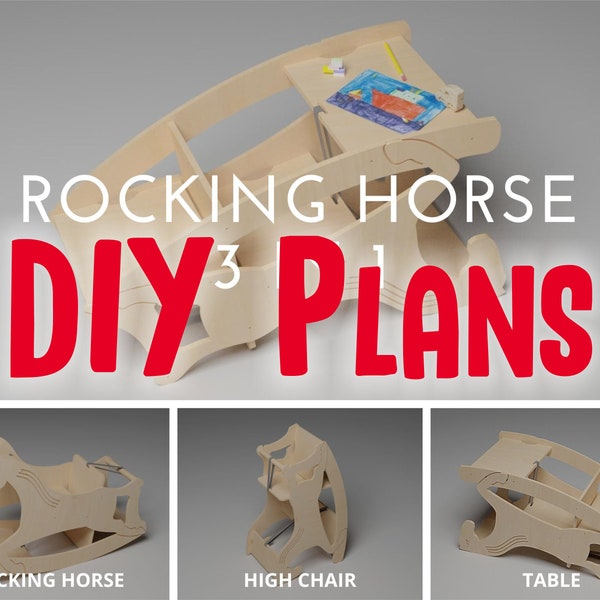 Plans de bricolage pour tout-petit cheval à bascule 3 en 1, bureau et chaise haute Montessori en bois pour bébé, à faire vous-même.