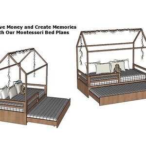 Puede incluir: Un marco de cama Montessori de madera con una cama auxiliar extraíble. El marco de la cama está diseñado en forma de casa con un dosel. La cama está hecha de madera natural y tiene un diseño simple y moderno. Ahorre dinero y cree recuerdos con nuestros planos de cama Montessori.