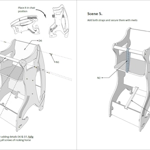 May include: Diagram of a wooden rocking horse assembly. Scene 3 shows the assembly of the frame with labeled parts. Scene 5 shows the addition of straps. Text includes instructions for assembly.