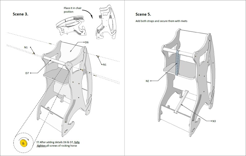 May include: Diagram of a wooden rocking horse assembly. Scene 3 shows the assembly of the frame with labeled parts. Scene 5 shows the addition of straps. Text includes instructions for assembly.