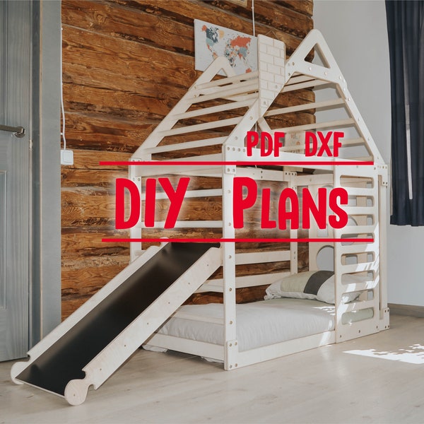 DIY Woodworking Plans for Montessori Playhouse Floor Bed with slide for Kids, Best Indoor Playground Climbing Gym, Do It Yourself.