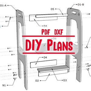 Gemakkelijke doe-het-zelfplannen voor peuterhulp opstapje, lijst met knipsels, keukenleertoren houtbewerkingsplannen, doe-het-zelf, pdf, dxf, cnc