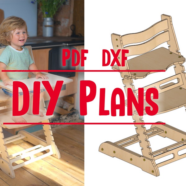 Plans de menuiserie bricolage, chaise haute réglable avec table pour enfants, chaise de croissance pour les tout-petits, PDF, DXF. plans de construction conviviaux CNC.