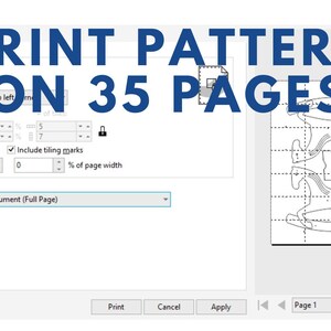 May include: Screenshot of a print layout interface. The text "PRINT PATTERN ON 35 PAGES" is displayed in large blue letters. The layout shows a design for a rocking horse, with settings for tiled pages and page width.