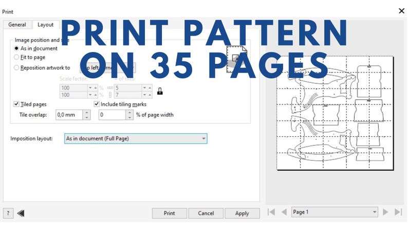 May include: Screenshot of a print layout interface. The text "PRINT PATTERN ON 35 PAGES" is displayed in large blue letters. The layout shows a design for a rocking horse, with settings for tiled pages and page width.