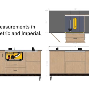 May include: A detailed diagram of a woodworking workbench with a table saw. The workbench is light brown with a black base and includes drawers and a cabinet. The image includes measurements in both metric and imperial units. The workbench is 5 feet 0 inches long.