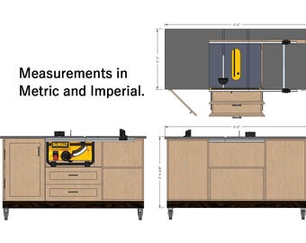May include: A detailed diagram of a woodworking workbench with a table saw. The workbench is light brown with a black base and includes drawers and a cabinet. The image includes measurements in both metric and imperial units. The workbench is 5 feet 0 inches long.