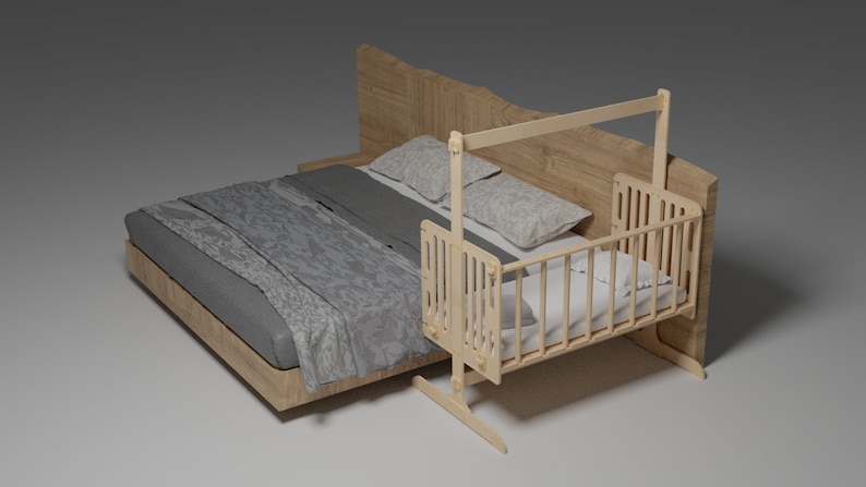 Puede incluir: Una cama de madera con cabecero a juego y una cuna para beb&eacute; adjunta. La cama tiene ropa de cama y almohadas grises. La cuna es de madera clara con colch&oacute;n y ropa de cama blancos. El dise&ntilde;o es moderno y minimalista.