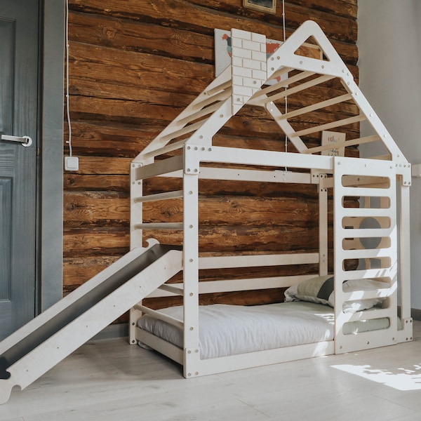 Lit cabane Montessori avec toboggan, Lit au sol pour tout-petit, aire de jeu intérieure, maison de jeu pour enfants