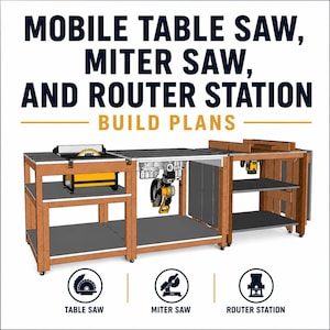 May include: A digital illustration of a mobile table saw, miter saw, and router station with the text "MOBILE TABLE SAW, MITER SAW, AND ROUTER STATION BUILD PLANS". The wooden workbench features integrated power tools, lower shelves, and caster wheels.