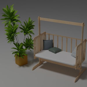 Puede incluir: Una cuna de madera clara con un colch&oacute;n blanco y tres cojines decorativos. Una planta en maceta con hojas verdes est&aacute; a la izquierda. La cuna tiene una base oscilante y una estructura tipo dosel.