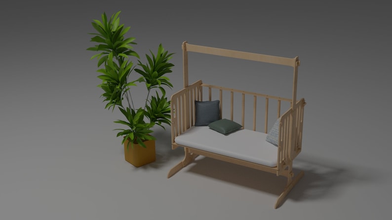 Puede incluir: Una cuna de madera clara con un colch&oacute;n blanco y tres cojines decorativos. Una planta en maceta con hojas verdes est&aacute; a la izquierda. La cuna tiene una base oscilante y una estructura tipo dosel.