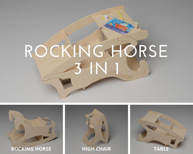 May include: A multi-functional wooden toy labeled "ROCKING HORSE 3 IN 1". The light-colored wooden structure can be assembled as a rocking horse, high chair, or table. The table has a small drawing on top.