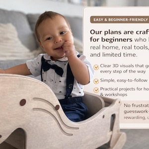 May include: A smiling baby sits in a wooden rocking horse. The horse is light-colored with rounded edges and decorative cutouts. Text on the right side reads "EASY & BEGINNER-FRIENDLY DIY PLANS".