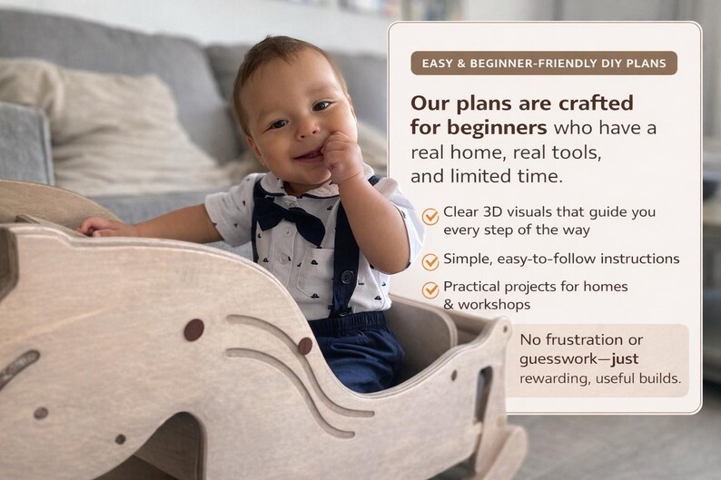 May include: A smiling baby sits in a wooden rocking horse. The horse is light-colored with rounded edges and decorative cutouts. Text on the right side reads "EASY & BEGINNER-FRIENDLY DIY PLANS".
