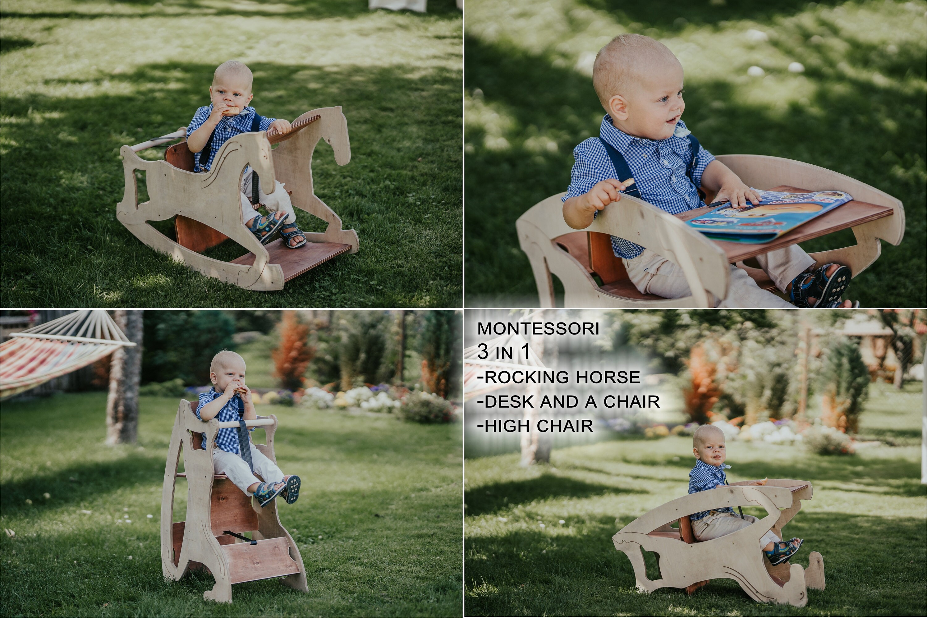 3in1 Wooden Furniture for Toddlers Rocking Horse, High Chair and Desk, Montessori Inspired
