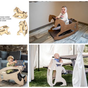May include: A multi-functional wooden toy for babies and toddlers. The toy can be assembled into a rocking horse, a desk and chair, or a high chair. The image shows a child using each configuration. The text in the image says "3 in 1".