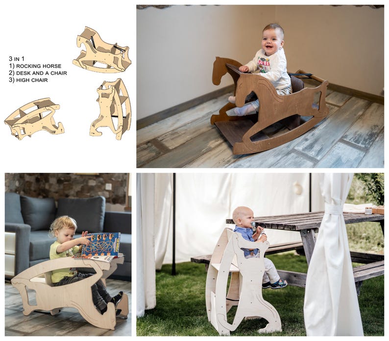 May include: A multi-functional wooden toy for babies and toddlers. The toy can be assembled into a rocking horse, a desk and chair, or a high chair. The image shows a child using each configuration. The text in the image says "3 in 1".