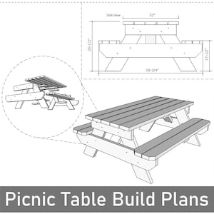 May include: Picnic table build plans with dimensions. The table is shown in a diagram with a side view and an isometric view. The table is 59-3/4 inches long, 32 inches wide, and 28-1/2 inches high.