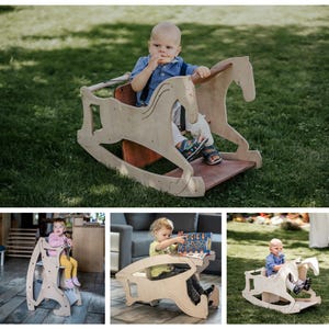 Puede incluir: Mobiliario infantil de madera, incluyendo un caballito balancín. El caballito balancín es de color marrón claro y presenta un diseño de cabeza de caballo. Otros artículos incluyen una trona y una mesa con un centro de actividades. Todos los muebles están diseñados para niños pequeños.