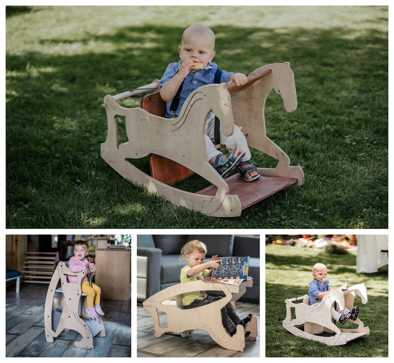 May include: Wooden rocking horse with a horse head design. The rocking horse is light brown and has a seat. The image shows a child sitting on the rocking horse on a grassy lawn. Other images show similar wooden children's furniture.