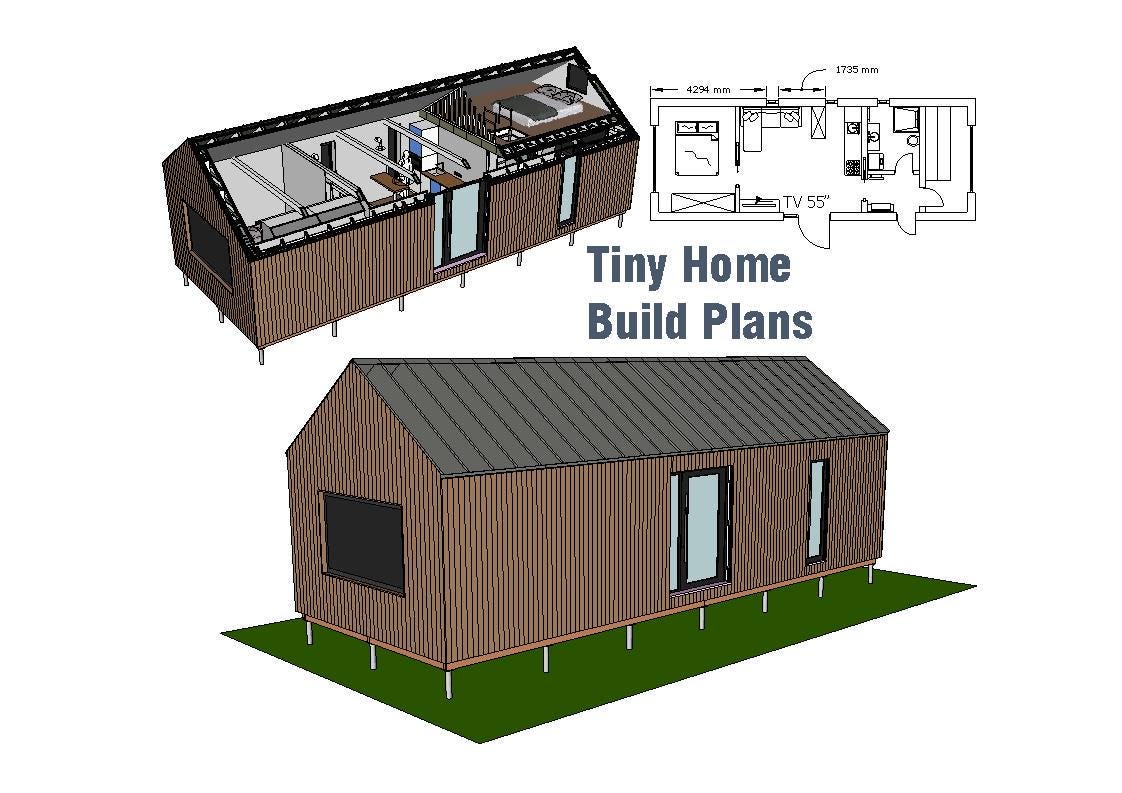 DIY Build Plans for Tiny Home with Loft 39'x14' or 12x4.5m, Small House Architectural Building Plan, Sketchup Model SKP, Floor Plans, PDF