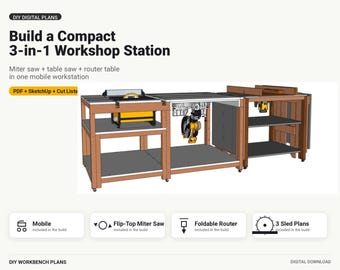 Flip Top Miter Saw Table Build Plans: Foldable Router Workbench (PDF)