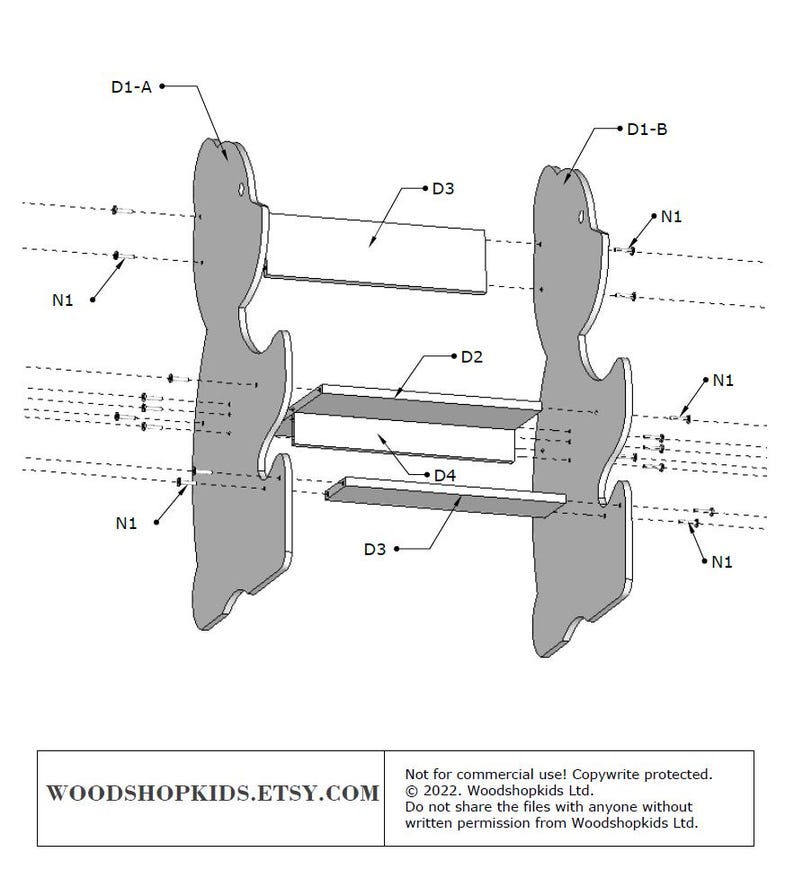 May include: An exploded diagram of a wooden shelf unit, featuring two gray side supports and three horizontal shelf pieces. The diagram includes labels such as D1-A, D1-B, D2, D3, D4, and N1. The text "WOODSHOPKIDS.ETSY.COM" is visible.