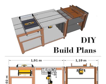 Plans de construction DIY pour une table de scie à onglets rabattable multi-usage avec une scie à table et un établi de toupie pliable avec des rails. Facile à construire.