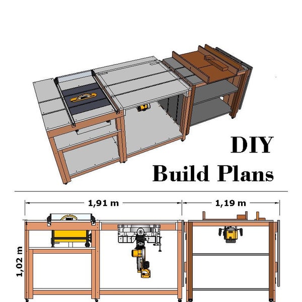 DIY-Baupläne für einen vielseitig einsetzbaren Klapp-Gehrungssägentisch mit Tischkreissäge und klappbarer Oberfräsen-Werkbank mit Schienen. Einfach zu bauen.