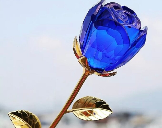 Large Blue Crystal Long Stem Rose in Crystal Vase With 24k Etsy