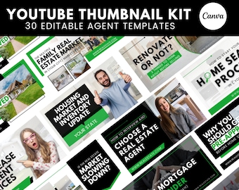 30 Green YouTube Thumbnails For Real Estate Agents | Real Estate Social Media| Realtor YouTube Template | Realtor Marketing | Download
