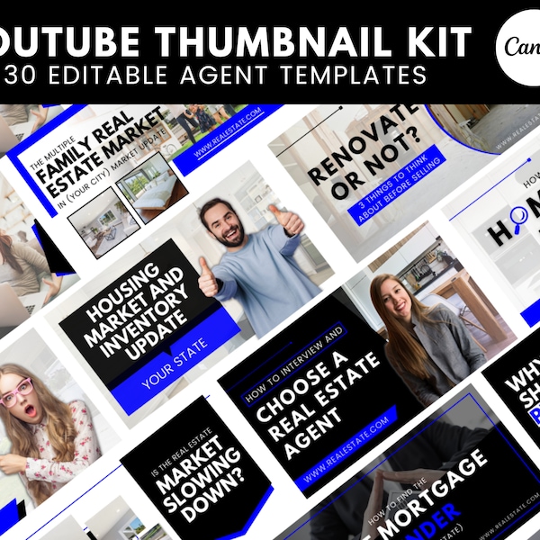 30 miniaturas azules de YouTube para agentes inmobiliarios/Redes sociales inmobiliarias/Plantilla de YouTube para agentes inmobiliarios/Marketing para agentes inmobiliarios/Descargar