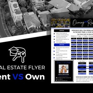 Ulotka Blue Rent Vs. Own | Ulotka dla pośredników w obrocie nieruchomościami | Wydruk nieruchomości | Informacje dla pośredników w obrocie nieruchomościami | Marketing nieruchomości | Natychmiastowe pobieranie